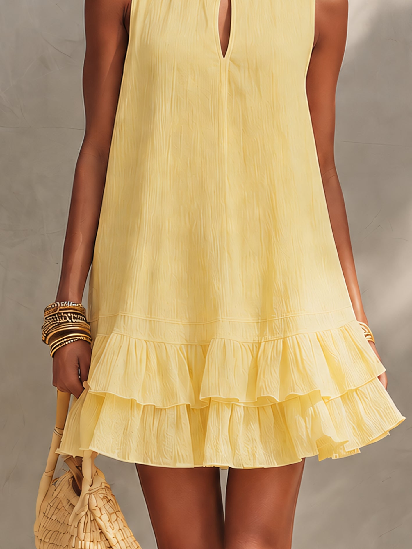 Vestito mini giallo testurizzato senza maniche con orlo a volant