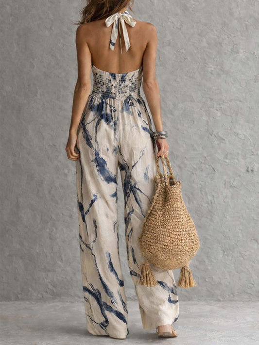 Eleonora | Tuta halter beige con stampa effetto tie-dye blu