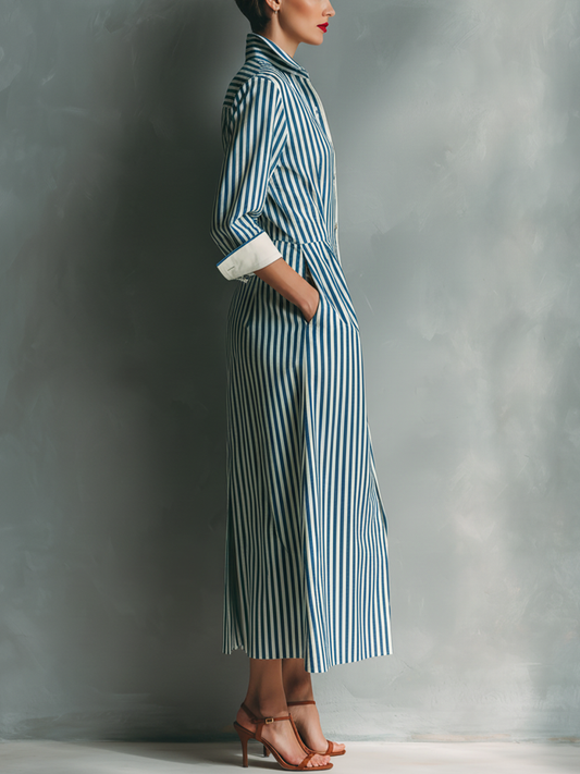 Celeste | Vestito camicia a righe con taschino rosso sul petto