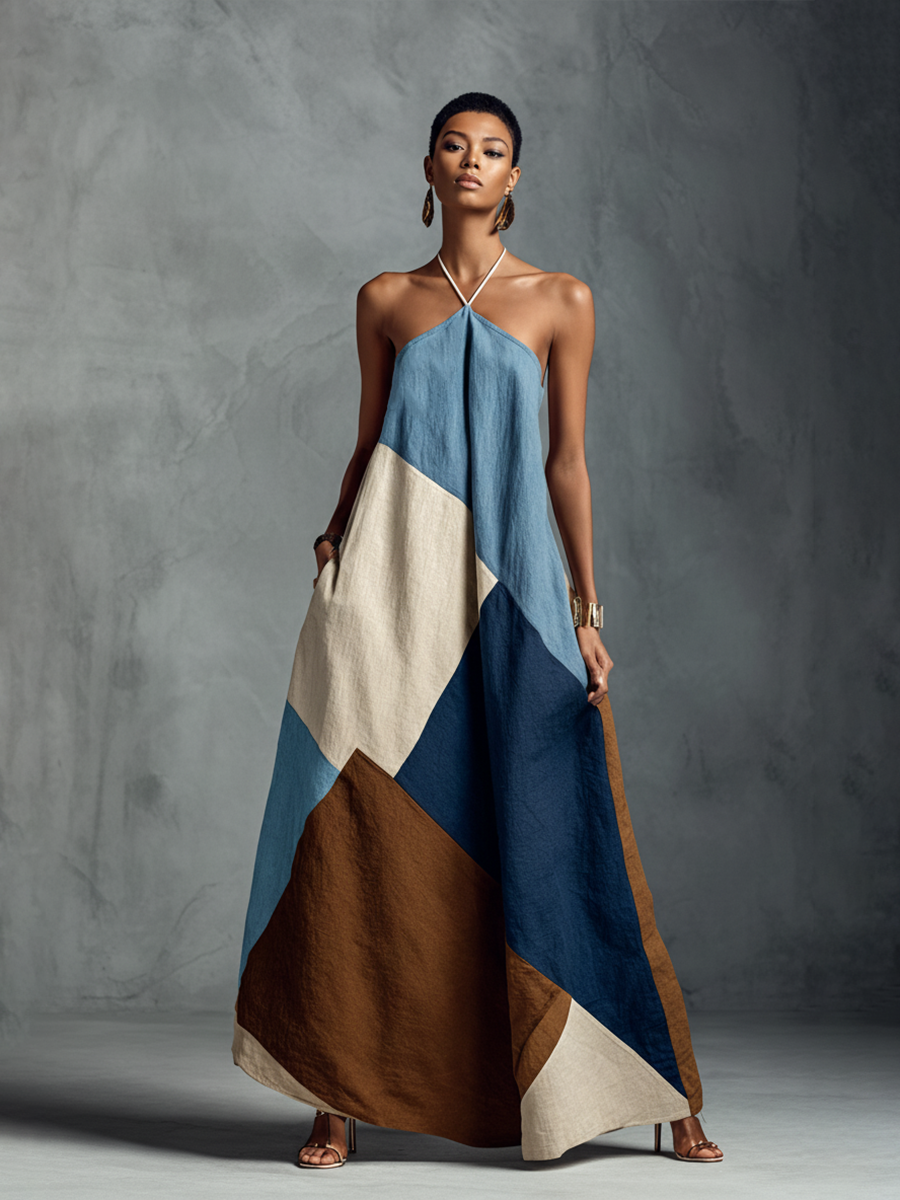 Dafne | Abito maxi halter patchwork in toni terra e blu navy