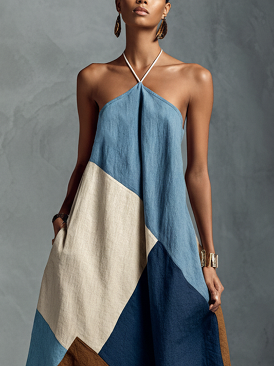Dafne | Abito maxi halter patchwork in toni terra e blu navy