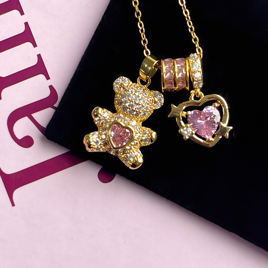 Sparkling Bear & Heart Pendant Necklace