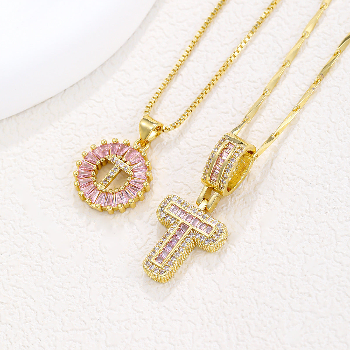 2-Pack Pink CZ Initial Necklaces