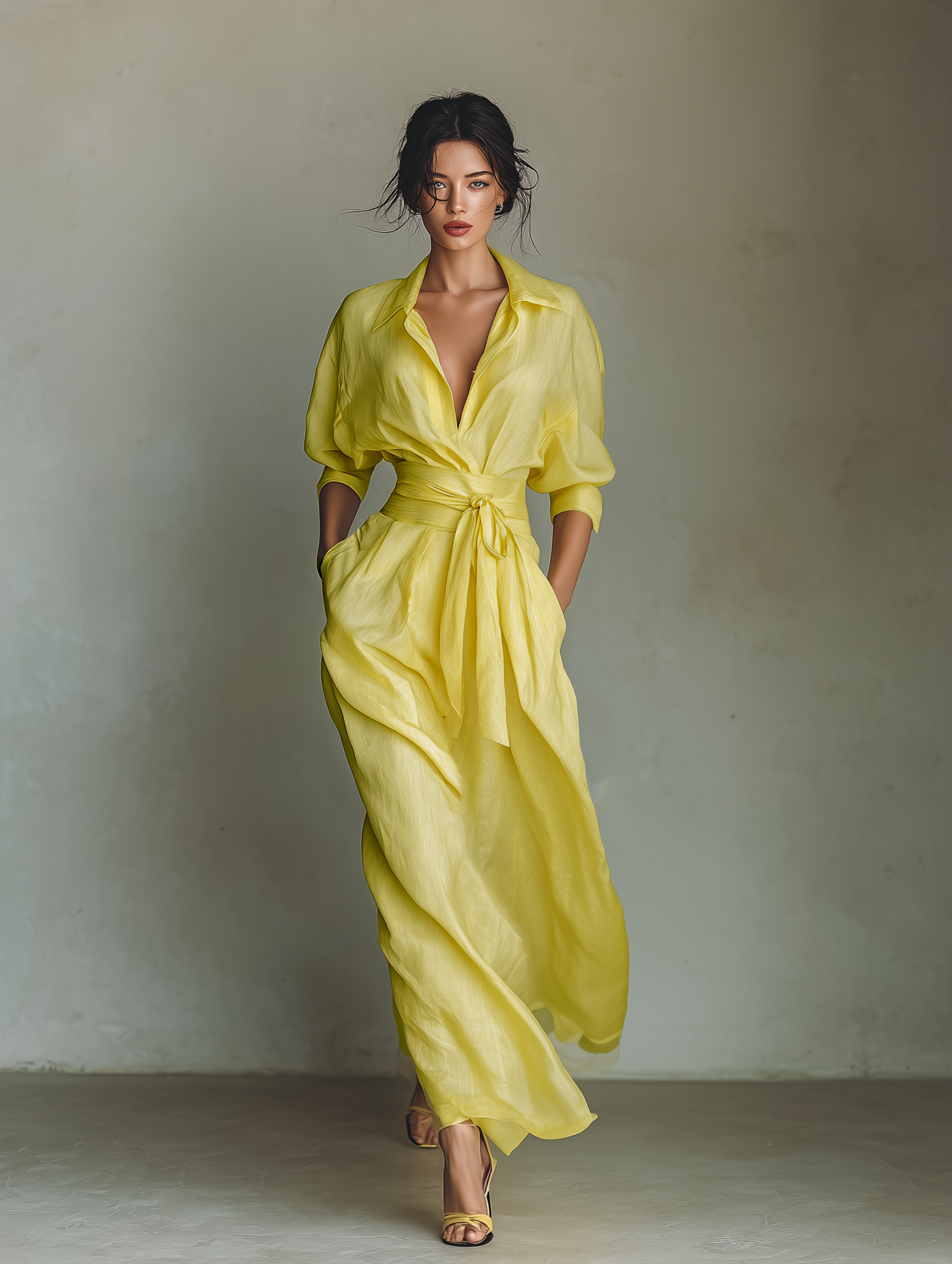 Vittoria | Abito chemisier maxi giallo limone con cintura