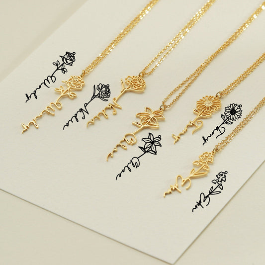Personalized Birth Flower Name Necklace