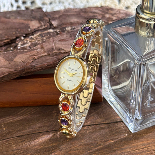 Retro Oval Quartz Watch with Multicolored Crystal Bracelet