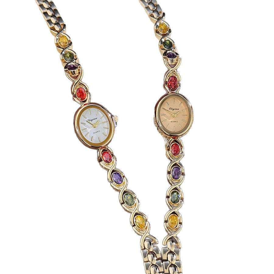 Retro Oval Quartz Watch with Multicolored Crystal Bracelet