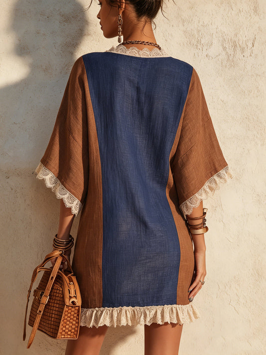 Minidress blu navy e caramello con scollo a V e bordi romantici