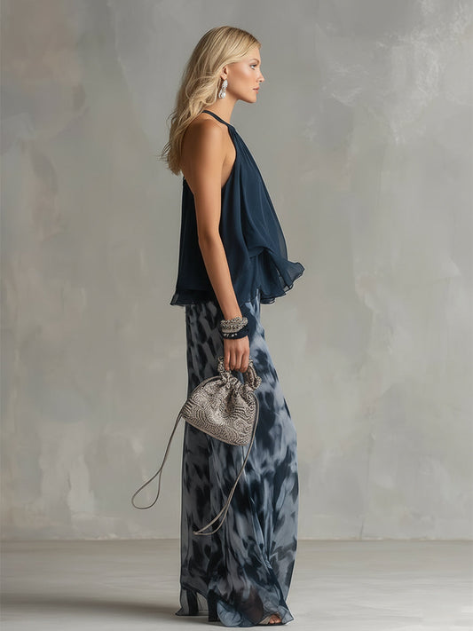 Rosamunda | Completo blusa halter blu navy con pantaloni stampati