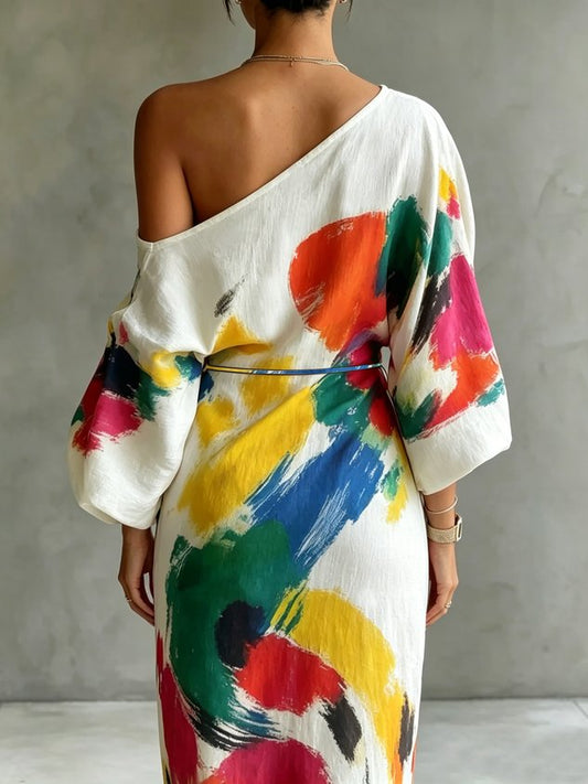 Lucrezia | Abito lungo monospalla con stampa pittorica multicolor