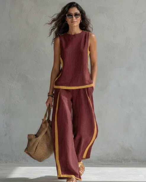 Sveva | Completo due pezzi top senza maniche e pantaloni a gamba larga con profili cuoio