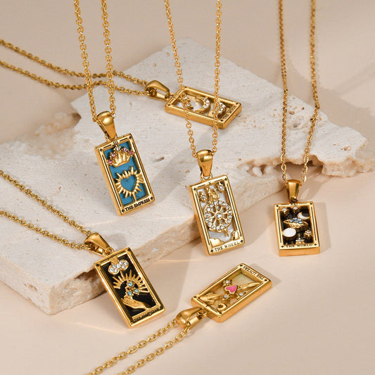 Square Tarot Enamel Titanium Steel Necklace