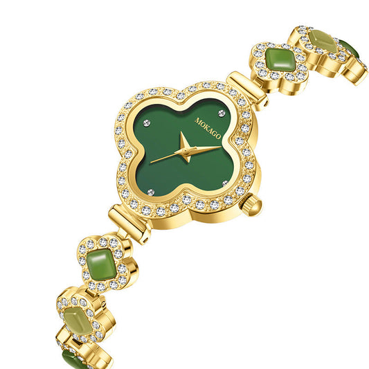 Jade?Decorated Clover Waterproof Watch