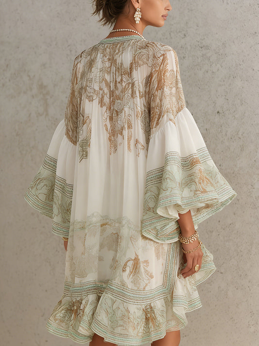 Vestito mini in chiffon con stampa verde, orlo a volant e maniche a balze