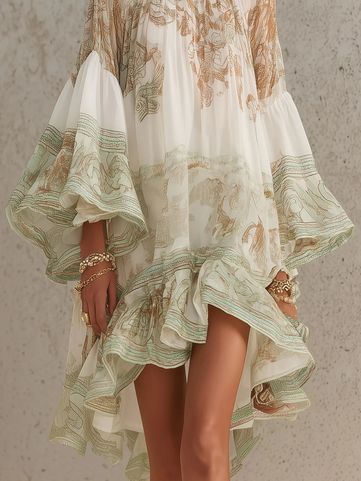 Ermellina | Mini abito in chiffon avorio con stampa barocca e volant a cascata