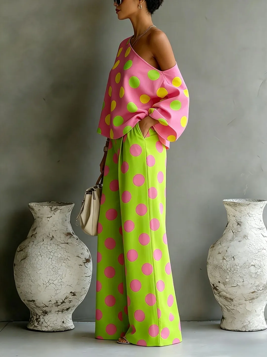 Ottavia | Completo due pezzi a pois rosa e verde fluo