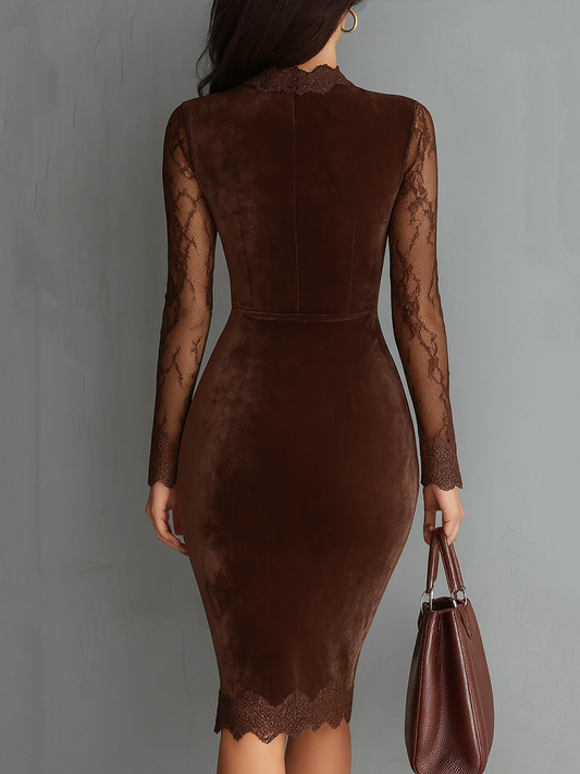 Vestito mini in velluto marrone in stile vintage con scollo a chiave e maniche in pizzo