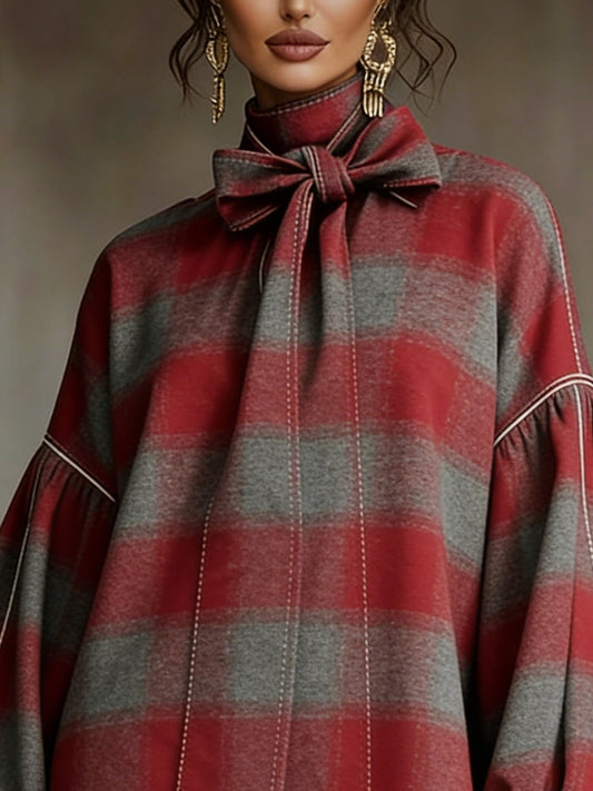 Vestito corto a quadri rosso e grigio con fiocco e maniche a lanterna