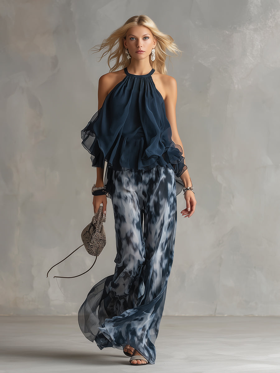 Rosamunda | Completo blusa halter blu navy con pantaloni stampati