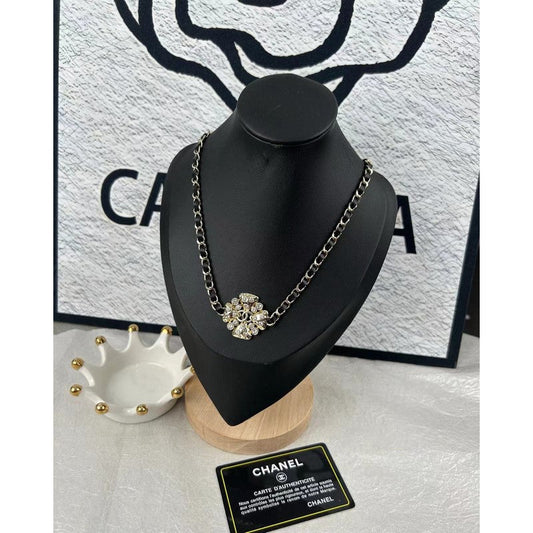 18K Chanel Black Leather Flower Necklace