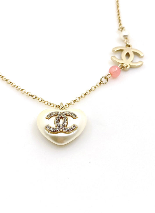 18K Chanel Pearl Heart Pink Necklace