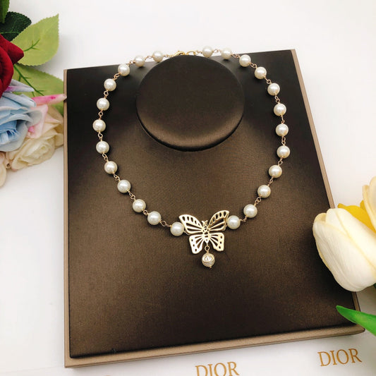 18K Dior Butterfly Pearl Chain Necklace