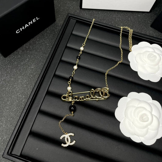 18K Chanel Rhinestone Pearl Letter Necklace