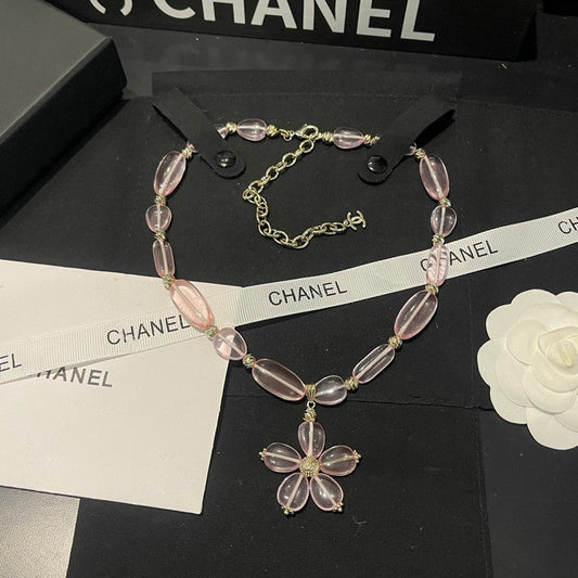 18K Chanel 26C Pink Crystal Flower Necklace