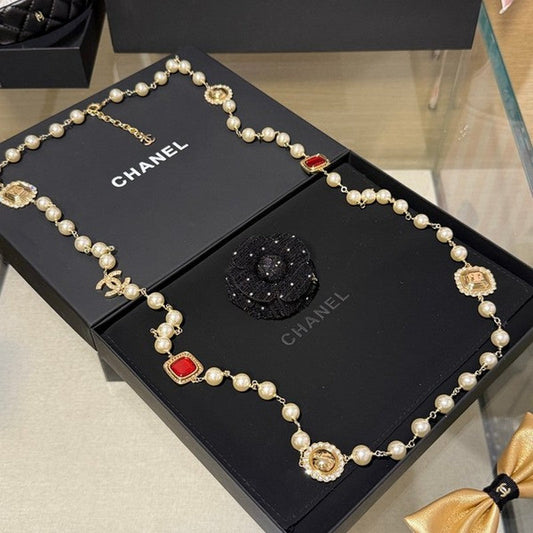 18K Chanel Long Pearl Red Crystals Necklace