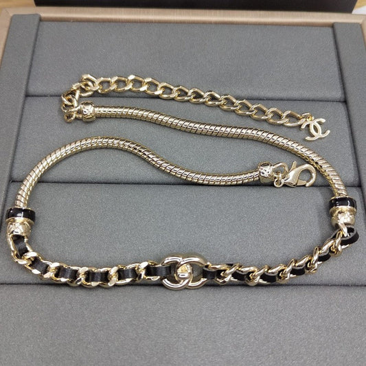 18K Chanel Black Leather Gold Chain Necklace