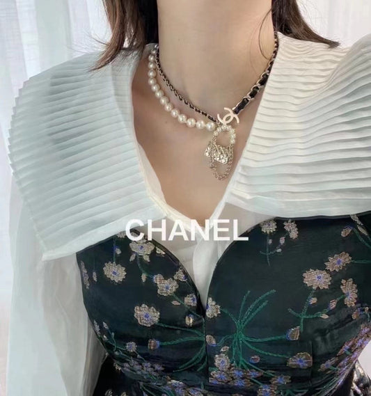 18K Chanel Pearl Leather Bag Pendant Necklace