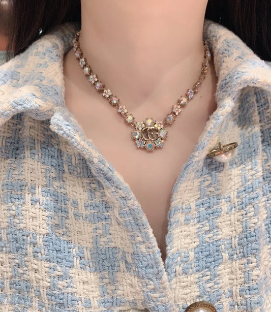 18K Double Gucci Crystals Chain Choker Necklace