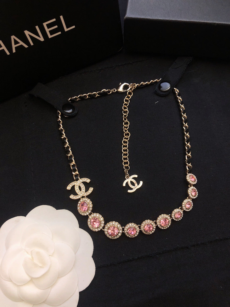 18K Chanel Pink Crystals Leather Necklace