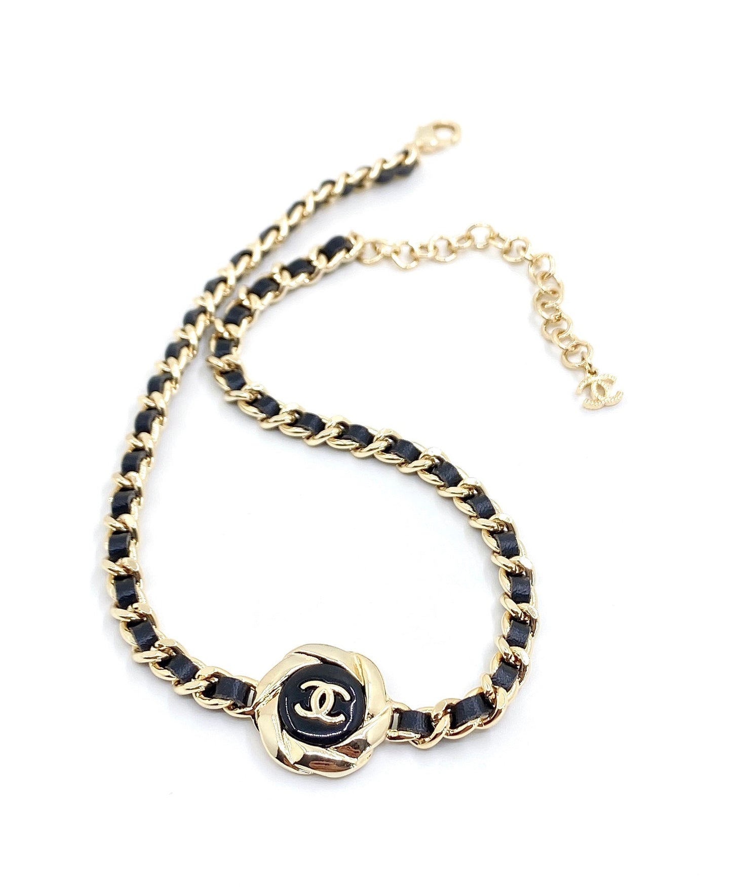 18K Chanel Rhinestone Leather Choker Necklace