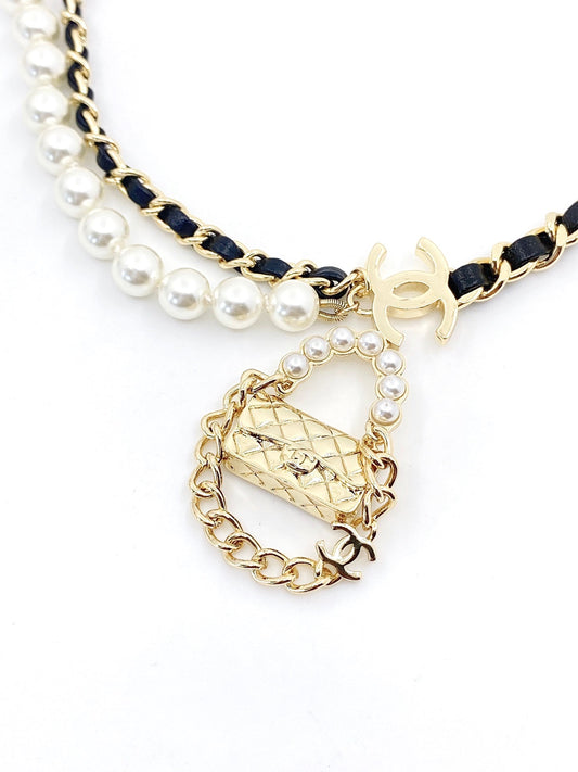 18K Chanel Pearl Bag Pendant Necklace