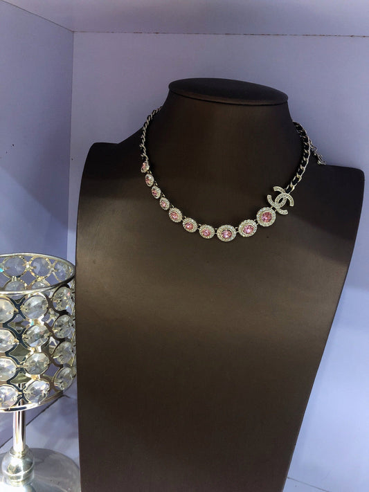 18K Chanel Pink Crystals Leather Necklace