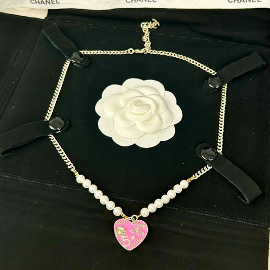 18K Chanel Pink & Black Heart Pearl Necklace