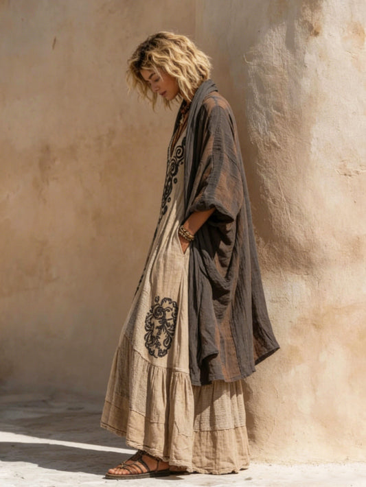 Azzurra | Set bohémien elegante con abito decorato e cardigan lungo fluido
