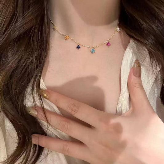 Dainty Multicolor Blossom Necklace Bracelet Ring Earrings Jewelry Set