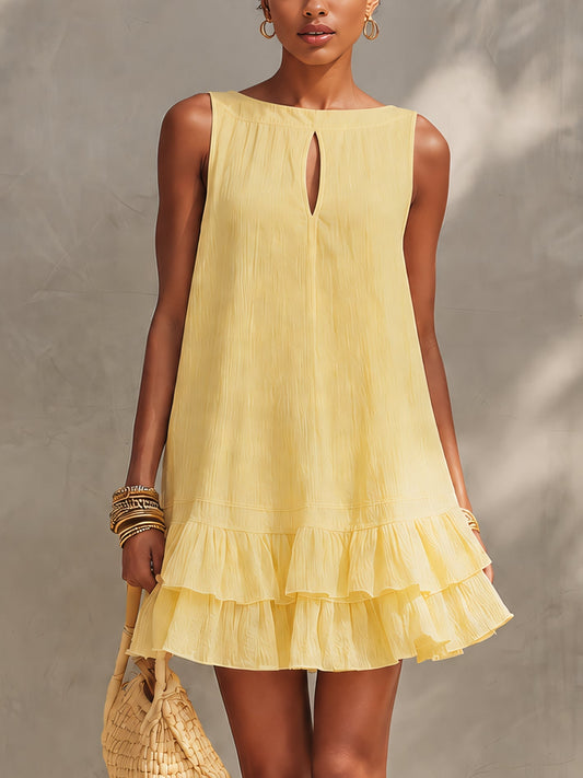 Vestito mini giallo testurizzato senza maniche con orlo a volant