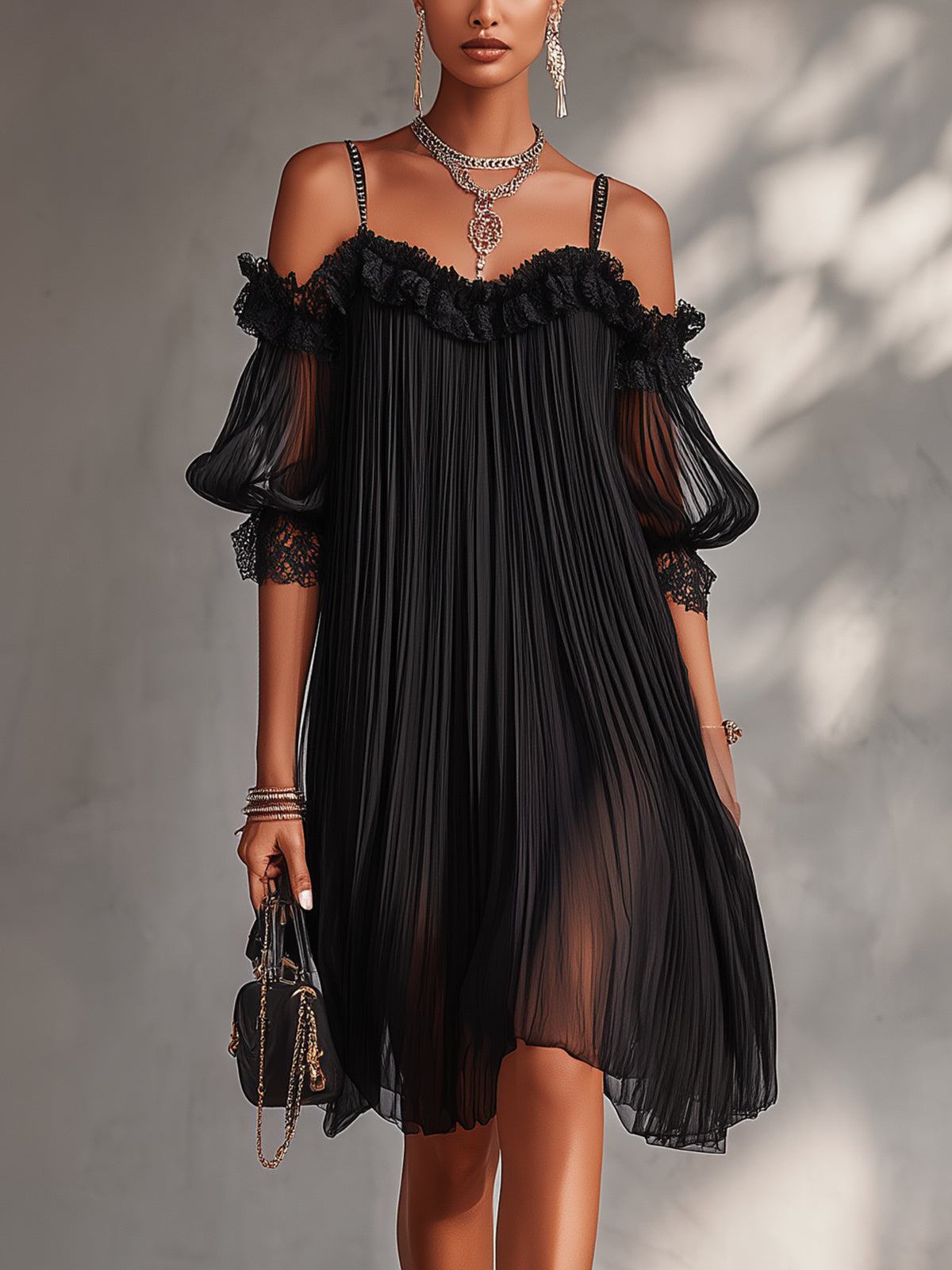 Vittoria | Mini abito nero in chiffon con spalle scoperte e bordino in pizzo