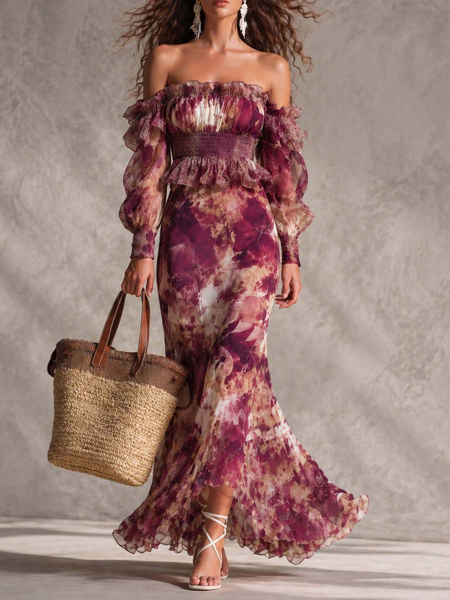 Abito lungo in chiffon rosa cipria con stampa floreale e spalle scoperte
