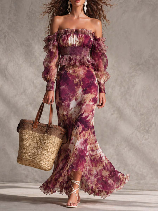 Abito lungo in chiffon rosa cipria con stampa floreale e spalle scoperte