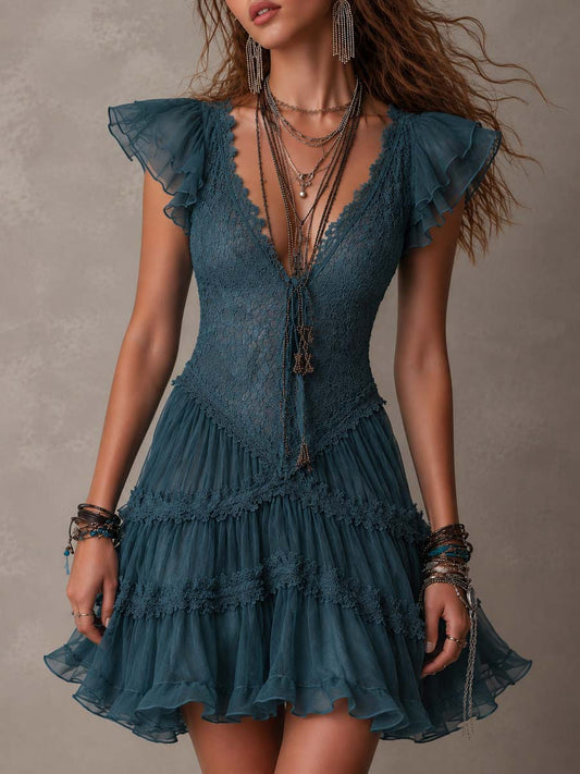 Abito corto retrò in pizzo blu e chiffon con volant