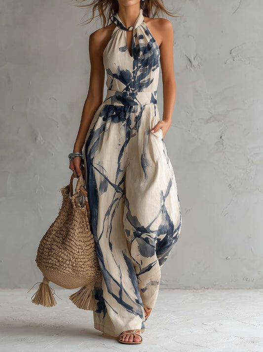 Eleonora | Tuta halter beige con stampa effetto tie-dye blu