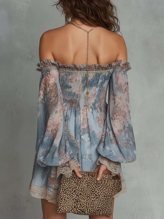 Mini abito in chiffon ruché floreale romantico a spalle scoperte
