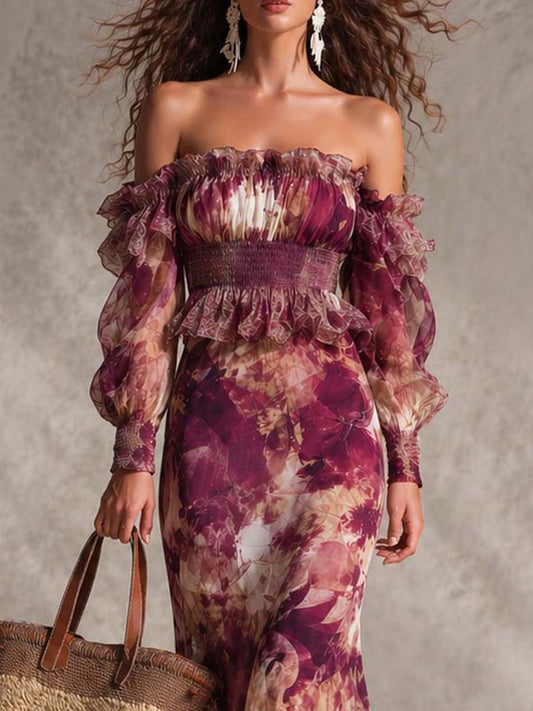 Abito lungo in chiffon rosa cipria con stampa floreale e spalle scoperte