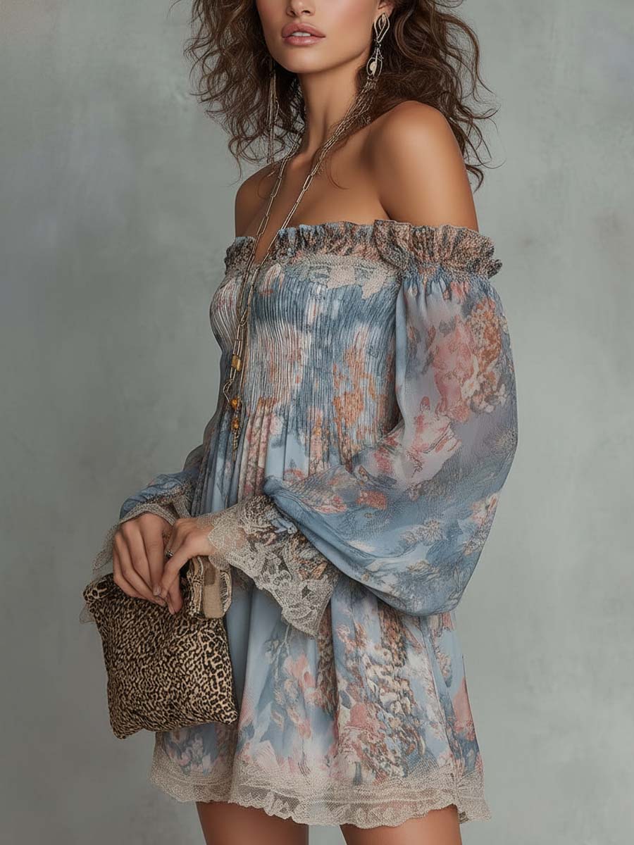 Mini abito in chiffon ruché floreale romantico a spalle scoperte