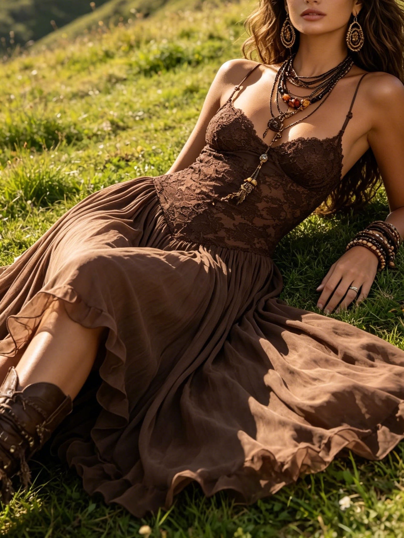 Ofelia | Abito lungo in chiffon e pizzo marrone dal fascino romantico boho