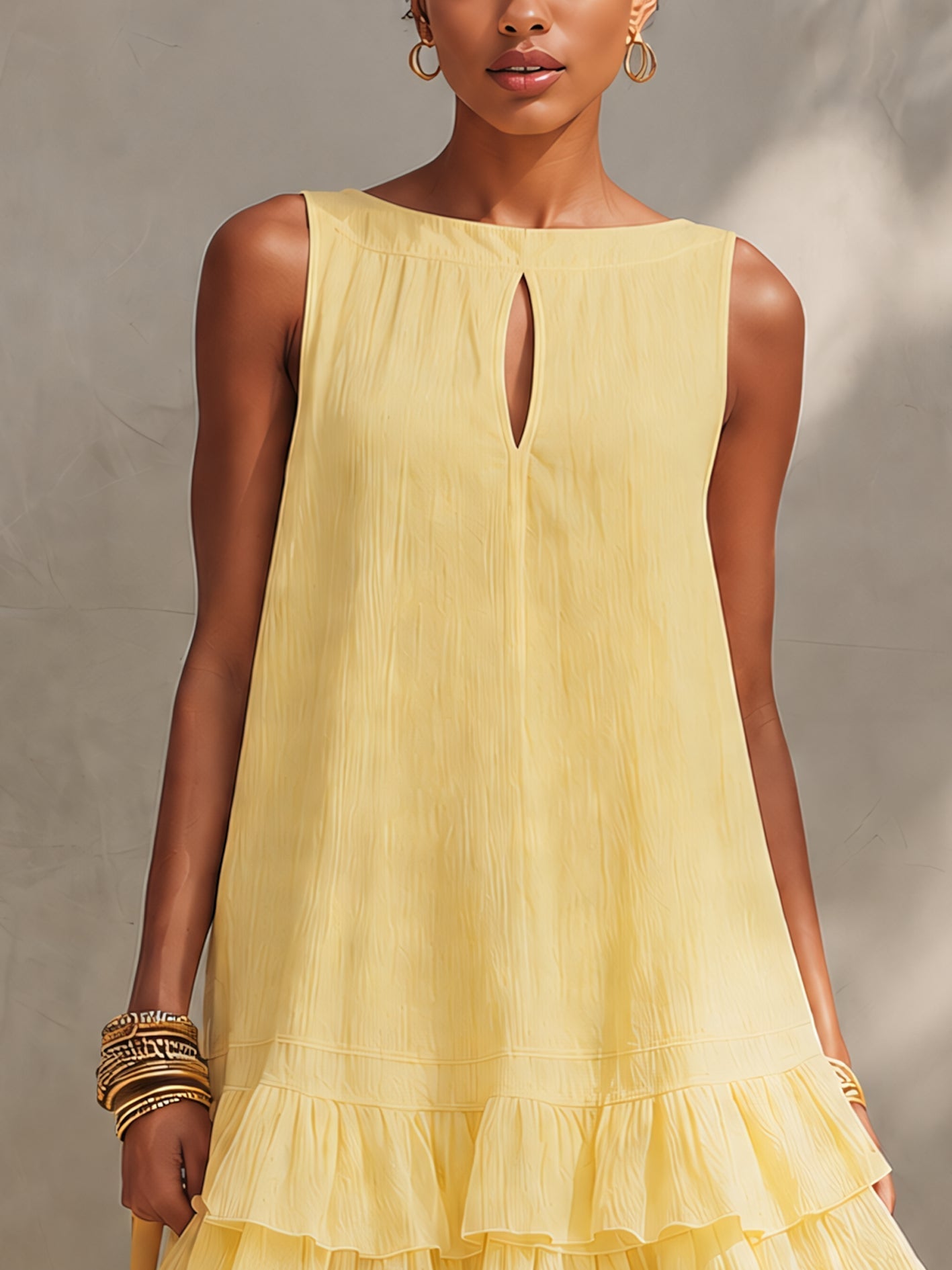 Vestito mini giallo testurizzato senza maniche con orlo a volant